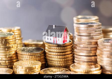 Il costo degli immobili. Casa con pile di monete. Foto Stock