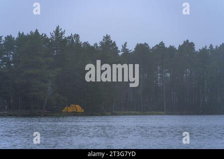 Tenda gialla accanto a un lago in una mattinata nebbiosa nella riserva naturale di Komio in Finlandia. Foto Stock