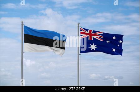 Le bandiere di Australia ed Estonia sventolano insieme su un cielo nuvoloso blu, concetto di relazione tra due paesi Foto Stock