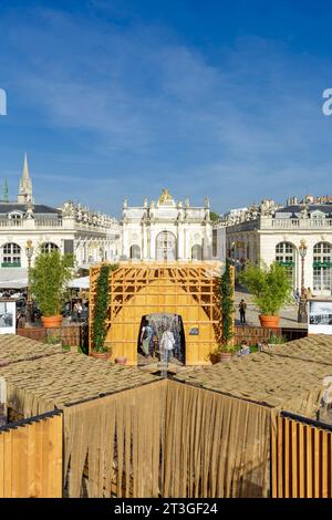 Francia, Meurthe et Moselle, Nancy, piazza Stanislas (ex piazza reale) costruita da Stanislas Leszczynski, re di Polonia e ultimo duca di Lorena nel XVIII secolo, patrimonio mondiale dell'UNESCO durante l'evento Jardin Ephemere 2023 che celebra il 40° anniversario dell'inserimento nell'elenco dei patrimoni dell'umanità dell'UNESCO e il 50° anniversario del gemellaggio con la città giapponese di Kanazawa, basato sul tema Air, vista dall'alto di piazza Stanislao con la statua del re Stanislao, qui arco e campanile della basilica di Sant'Epvre Foto Stock