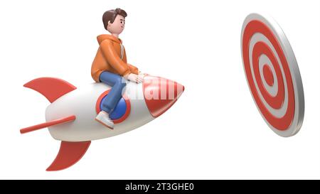 Illustrazione 3D del sorridente uomo d'affari Qadir che vola in avanti con un motore a razzo per raggiungere un obiettivo importante. Rendering 3D su sfondo blu. Foto Stock