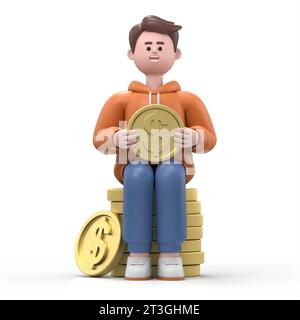 Illustrazione 3D dell'uomo d'affari sorridente Qadir in possesso di una moneta d'oro. Guadagnare denaro, aumentare il capitale, perseguire il denaro, guadagni in conto capitale, guadagni in denaro c Foto Stock