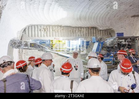 Remlingen Semmenstedt, Germania. 25 ottobre 2023. Christian Meyer (M, Bündnis 90/die Grünen), ministro dell'ambiente, dell'energia e della protezione del clima nella bassa Sassonia si trova nell'asse il mine. Meyer ha visitato il deposito di scorie nucleari di asse vicino a Remlingen per conoscere lo stato del recupero di scorie nucleari. L'ex miniera nei pressi di Remlingen, nel distretto di Wolfenbüttel, contiene circa 126.000 botti con scorie radioattive di basso e medio livello in 13 camere. Dato che l'acqua sta penetrando, l'impianto di stoccaggio deve essere pulito. Crediti: OLE Spata/dpa/Alamy Live News Foto Stock