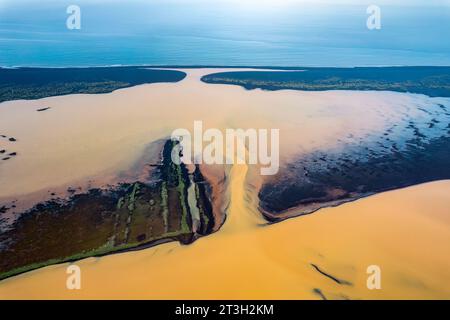 Vista aerea dei sedimenti ricchi di zolfo affluenti del fiume giallo dall'area vulcanica che si scioglie e scorre attraverso la spiaggia di sabbia nera fino all'oceano in natura Foto Stock