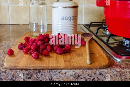 Attrezzature per la preparazione di marmellate, tra cui lamponi freschi e teglia per la conservazione Foto Stock