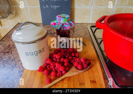 Attrezzature per la preparazione di marmellate, tra cui lamponi freschi e teglia per la conservazione Foto Stock