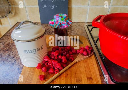 Attrezzature per la preparazione di marmellate, tra cui lamponi freschi e teglia per la conservazione Foto Stock