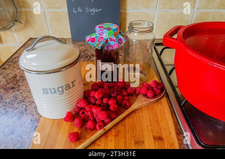 Attrezzature per la preparazione di marmellate, tra cui lamponi freschi e teglia per la conservazione Foto Stock