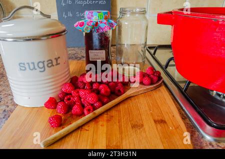 Attrezzature per la preparazione di marmellate, tra cui lamponi freschi e teglia per la conservazione Foto Stock