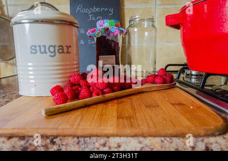 Attrezzature per la preparazione di marmellate, tra cui lamponi freschi e teglia per la conservazione Foto Stock