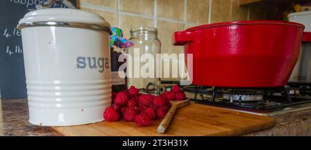 Attrezzature per la preparazione di marmellate, tra cui lamponi freschi e teglia per la conservazione Foto Stock