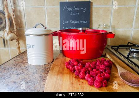 Attrezzature per la preparazione di marmellate, tra cui lamponi freschi e teglia per la conservazione Foto Stock