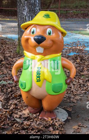 Mascotte ranger del Parka Beaver Park a Fort Rodd Hill e Fisgard Lighthouse National Historic Site a Victoria, British Columbia, Canada Foto Stock