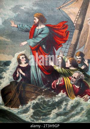 Illustrazione di Gesù Cristo Stilling the Tempest Gospel of Matthew New Testament of 19th Century Bible Foto Stock