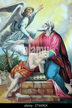 Abramo offrì Isacco e l'Angelo del Signore fermandolo; Abramo allungò la quarta mano e prese il coltello per uccidere suo figlio e l'An Foto Stock