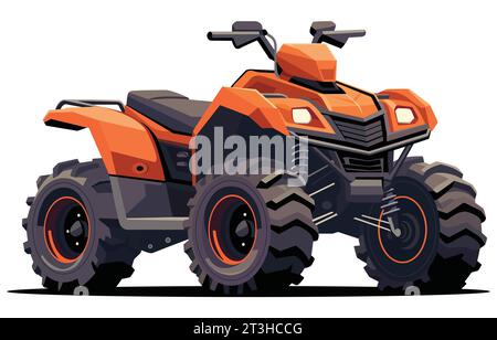 Vivace illustrazione in stile piatto di un elegante ATV arancione, isolato su sfondo bianco. Rappresentazione moderna dell'avventura fuoristrada in stile geometrico. Illustrazione Vettoriale