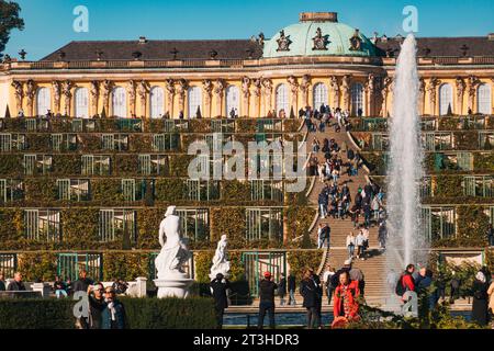 I visitatori apprezzeranno l'elegante facciata e i giardini terrazzati del Palazzo Sanssouci a Potsdam, in Germania, in una chiara giornata autunnale Foto Stock