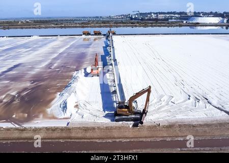 Vista aerea con droni della raccolta del sale negli evaporatori del sale marino nella riserva naturale Marismas del Odiel. Produzione tradizionale di sale marino prodotta da Foto Stock