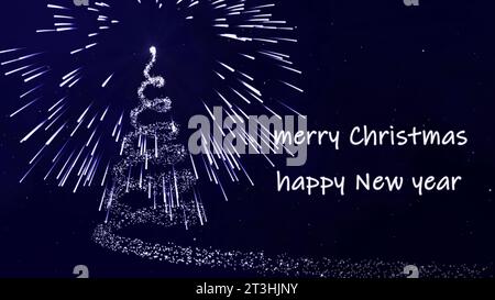 Buon Natale e felice anno nuovo. Fuochi d'artificio che disegnano un albero di Natale nel cielo. I fiocchi di neve cadono lentamente. Rendering 3D. Foto Stock