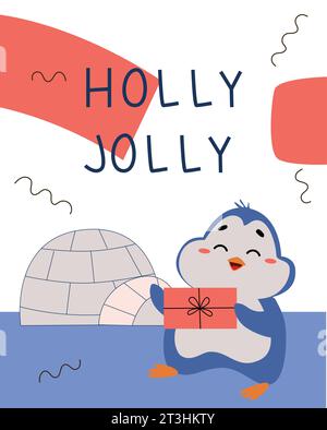 Illustrazione Chrismas. Illustrazione con un grazioso pinguino, paesaggio invernale, regali, alberi di Natale. Iscrizione Illustrazione Vettoriale
