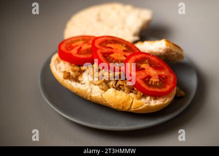 Una deliziosa creazione di pita con pollo a dadini e pomodori maturi, presentata elegantemente su un piatto grigio, che offre un assaggio di delizie culinarie Foto Stock