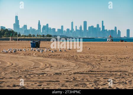 Lo skyline di Chicago fa da sfondo a Oakwood Beach, sul lago Michigan, Chicago, Stati Uniti Foto Stock