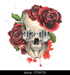 Teschi umani con rose rosse e foglie. Illustrazione ad acquerello disegnata a mano. Composizione isolata su sfondo bianco. Foto Stock