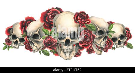 Teschi umani con rose rosse e foglie. Illustrazione ad acquerello disegnata a mano. Composizione isolata su sfondo bianco. Foto Stock