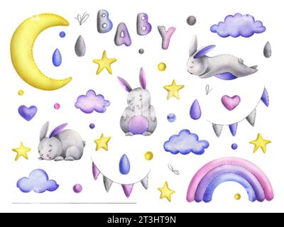 Coniglietti in tessuto cucito con luna e stelle, arcobaleni e nuvole, con decorazioni sospese. Illustrazione ad acquerello disegnata a mano. Insieme di elementi isolati Foto Stock