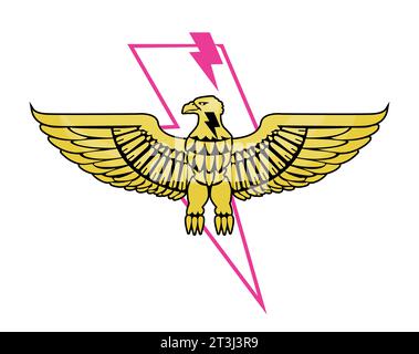 Crea una t-shirt con aquila dorata accanto al simbolo thunderbolt in rosa. Illustrazione Vettoriale