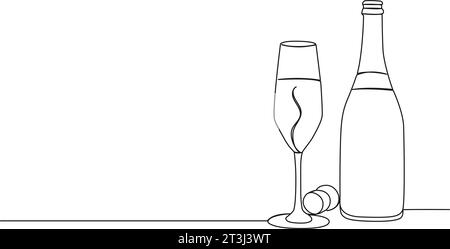 disegno continuo a linea singola di bottiglia di spumante e bicchiere di champagne, illustrazione vettoriale line art Illustrazione Vettoriale