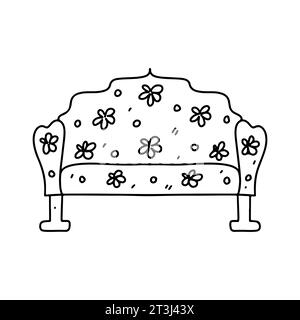 Grazioso divano con stampe floreali. Stile doodle disegnato a mano. Illustrazione vettoriale isolata su bianco. Pagina da colorare. Illustrazione Vettoriale