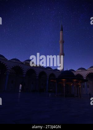 Luna minareto moschea e stelle di notte. Foto Stock