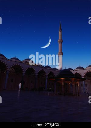 Luna minareto moschea e stelle di notte. Foto Stock