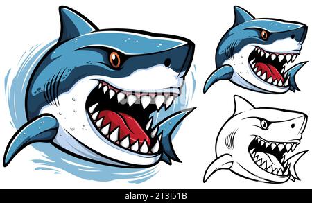 La vivace figura della mascotte di squalo trasuda ferocia, che mostra il sorriso dai denti affilati, con occhi color ambra e goccioline d'acqua sulla sua superficie blu e lucida. Illustrazione Vettoriale