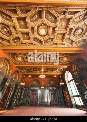 I motivi decorati coprono il soffitto della grande sala del grande Esercito della Repubblica (G.A.R.), presso il Chicago Cultural Center Foto Stock