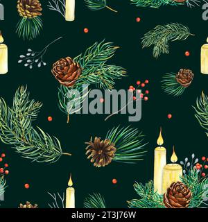 Motivo ad acquerello senza cuciture con candele bianche con fuoco, cono di pino, rami di abete, bacche rosse. Illustrazione disegnata a mano, decorazioni accoglienti per Foto Stock