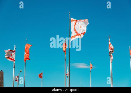 Le bandiere di Türkiye e di Cipro del Nord volano l'una accanto all'altra a una rotatoria nella parte settentrionale di Nicosia Foto Stock