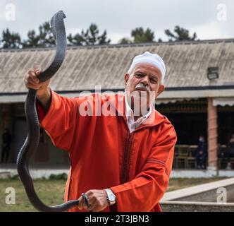 Agadir, Marocco — 26 maggio 2023. Un incantatore di serpenti marocchino parla del suo lavoro. Foto Stock