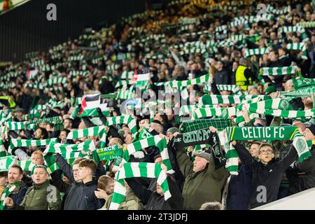 Glasgow, Scozia. 25 ottobre 2023. I tifosi celtici alzano le bandiere della Palestina in varie sezioni del campo Celtic vs Atletico Madrid - UEFA Champions League Credit: Raymond Davies / Alamy Live News Foto Stock