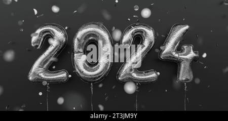 Felice anno nuovo 2024. 2024 palloncini in lamina d'argento e coriandoli cadenti su sfondo nero. Numeri palloncini con elio d'argento. Poster o banner festivi conce Foto Stock