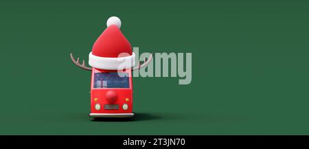 Grazioso autobus rosso con cappello di Babbo Natale e regali di Natale su sfondo verde illustrazione 3D Render 3D. Foto Stock