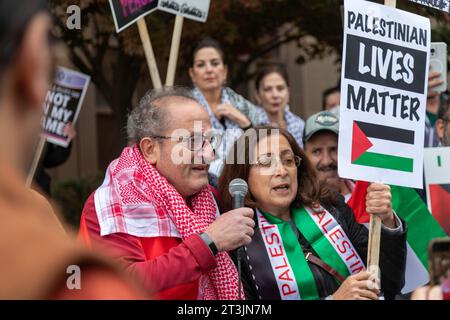 Detroit, Michigan, USA. 25 ottobre 2023. Una manifestazione presso il Federal Building, organizzata da Jewish Voice for Peace e alleati della Palestina, ha chiesto un cessate il fuoco a Gaza. Il raduno invitò i senatori e i rappresentanti del Michigan a opporsi all'invio di più armi in Israele e a concentrarsi invece sulla deescalation del conflitto. Crediti: Jim West/Alamy Live News Foto Stock