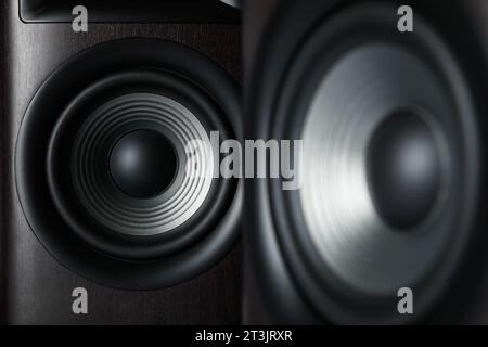 Due altoparlanti audio moderni come sottofondo e primo piano Foto Stock