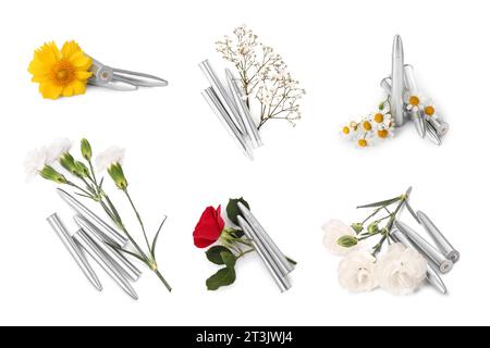 Set di proiettili e bellissimi fiori isolati su bianco Foto Stock