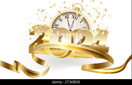 Buon anno 2024 Golden Golden Assistance. Con numeri esclusivi e lussuosi. Design vettoriale di alta qualità per poster, banner, calendario e messaggi di saluto. Illustrazione Vettoriale