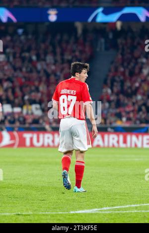 Lisbona, Portogallo. 24 ottobre 2023. João Neves del SL Benfica visto durante la partita di UEFA Champions League 2023/24 tra Benfica e Real Sociedad al Estádio do Sport Lisboa e Benfica. Punteggio finale; Benfica 0:1 Real Sociedad. (Foto di Nuno Branco/SOPA Images/Sipa USA) credito: SIPA USA/Alamy Live News Foto Stock