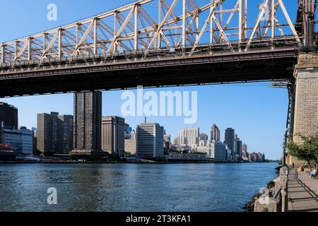 Vista del Queensboro Bridge, un importante ponte a sbalzo sull'East River a New York City, che collega il Queens a Manhattan, da Roosevelt Island Foto Stock