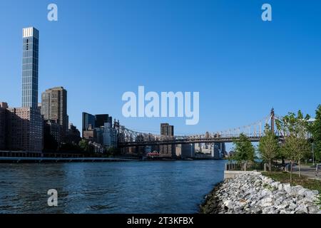 Paesaggio urbano di Manhattan dal Franklin D. Roosevelt Four Freedoms Park, un memoriale situato sulla punta meridionale di Roosevelt Island Foto Stock