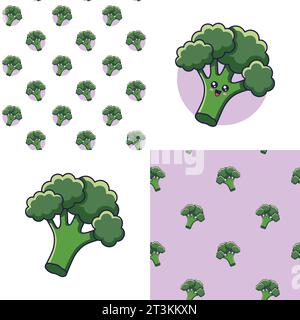 Set di simpatici motivi Kawaii Broccoli. Icona cibo e verdura piatto. Cartoon Broccoli motivo senza cuciture, stile doodle. Illustrazione vettoriale disegnata a mano. Patte Illustrazione Vettoriale